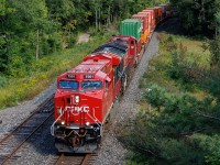 A couple of hours later, my second encounter with 7501. CP has put all the new ones on 100 series trains going west, and they've remained relatively captive to those trains. There are already rumours of quality and performance issues, but at least, they're still clean. 113 passing under Highway 169 bound for Vancouver. 