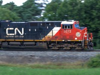 A CN GE is a novelty about .005% of the time. But one of those rarities is leading a CP freight in Ontario. CP 230 just east of Cambridge.