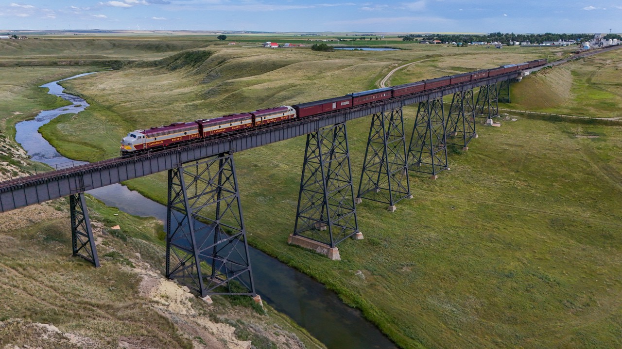 The Royal Canadian Pacific crosses the Little Bow River at Carmangay, on their deadhead trip back home to Ogden from Fort Steele.