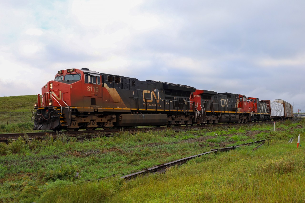 CN M 31741 06 rolls through Clover Bar with CN 3116, CN 2537 and CN 1423.  In years past, a GMD1 trailing being repositioned along the system was a day to day sight.  In 2025, this is probably the last time a GMD1 will make a move across the CN System.