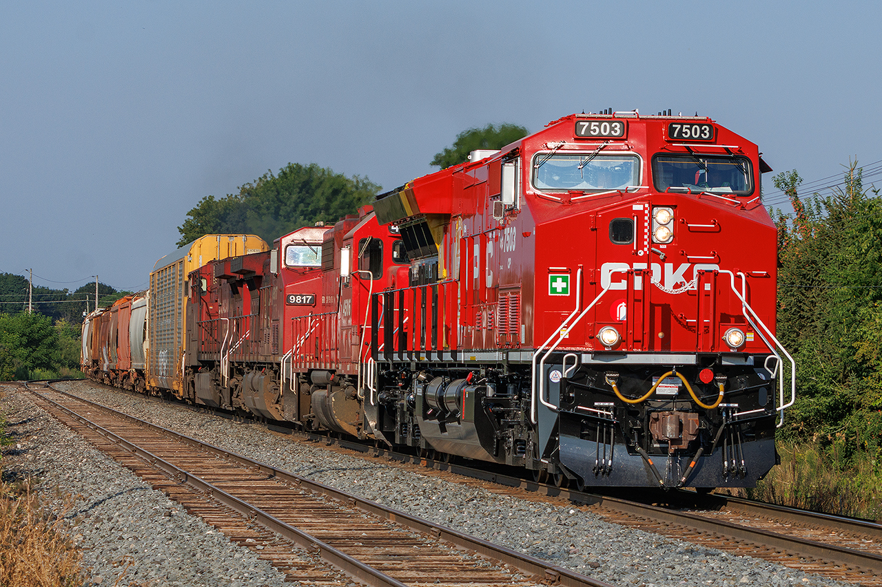 It will never look this clean again. On its maiden voyage, 230 rumbles into Killean with just delivered 7503 leading 4506, 9817 and 8008 (off yesterday's 731) catch the relatively early morning light. Clearly, the wipers were tested before it left, and the "joy" of bug season has left its mark, but shiny is still a novelty on CP.  Now, if we can just keep them out of coal service for a while.