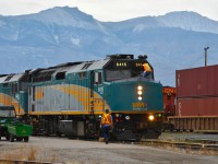 <b> Getting some TLC </b> <br>
VIA 6415 is on the point of VIA 001 The Canadian at Jasper, AB Mile 0.0 CN Albreda Sub. on August 2, 2025, and is getting a little Tender Loving Care from VIA Rail maintenance personnel during the trains stop in the historic town. <br>
Front windshields are getting a thorough cleaning, and a replacement right side ditch light is about to be installed. <br>
When arriving as scheduled, the early morning 3-hour stop allows plenty of time for a walk around town, and for some great railroad photography. :-)