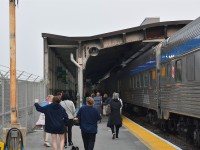 <b> Ladies and Gentlemen, Welcome to Winnipeg </b> <br>
VIA No. 1 The Canadian has pulled into the Winnipeg train shed and passengers detrain to the sound of announcements detailing local sites to see, and available off-train time and reboarding information coming through the platform speaker system. <br>
In a few minutes the platform will be closed to passengers as the train receives a full-service including, sewage dump, watering, fresh food and linens, head-end and on-board crew changes. <br>
All part of another great cross-Canada trip on The Canadian. :-)