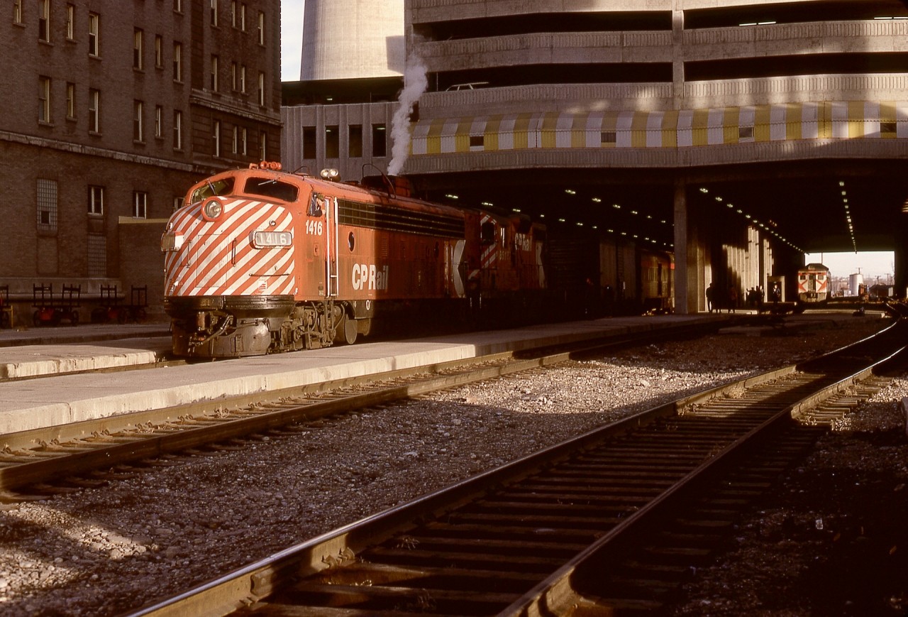 Canadian Pacific’s flagship passenger train No. 1 had FP7A CP 1416 leading and GP9 CP 8517 second on Thursday 1972-11-30 westward from Calgary.  In the distance, Budd RDC-2 CP 9113 off No. 302 had been my transport from South Edmonton (departing in a snowstorm) that morning, and No. 1 provided my coach seat to Vancouver, including a cab ride (with head office permission) with engineer Floyd Yeats from Banff to Field.

As Calgary departure time approached, I was closely observing my pocket watch, and was disappointed when movement did not start on the 1600 schedule, only to realize moments later that we had indeed departed, so smoothly I had not noticed!

On arrival in Vancouver, No. 1 was precisely one hour late, that is, until I realized my watch was still on Mountain Standard Time, so we were exactly on time.  At that point, I was on layoff from Victoria roundhouse, but that trip absolutely confirmed the adherence to on-time operation that was the expected daily performance then.