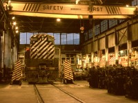 By my blind luck timing in life at getting a vehicle and a driver’s licence, the last full year of Fairbanks-Morse power in southeast British Columbia was seen and photographed, with everyday scenes like this one in CP’s Nelson diesel shop well within reach.  Seen here on Friday 1974-10-18 in the evening, H16-44 CP 8609 is over the wheel exchange pit.

<p>My grand plan was to transfer from Victoria roundhouse to Nelson to learn more about the F-Ms, but that evaporated in March 1975 when all Baldwin roadswitchers and most F-M power (except a few H24-66s for Alyth hump duty) were shut down.