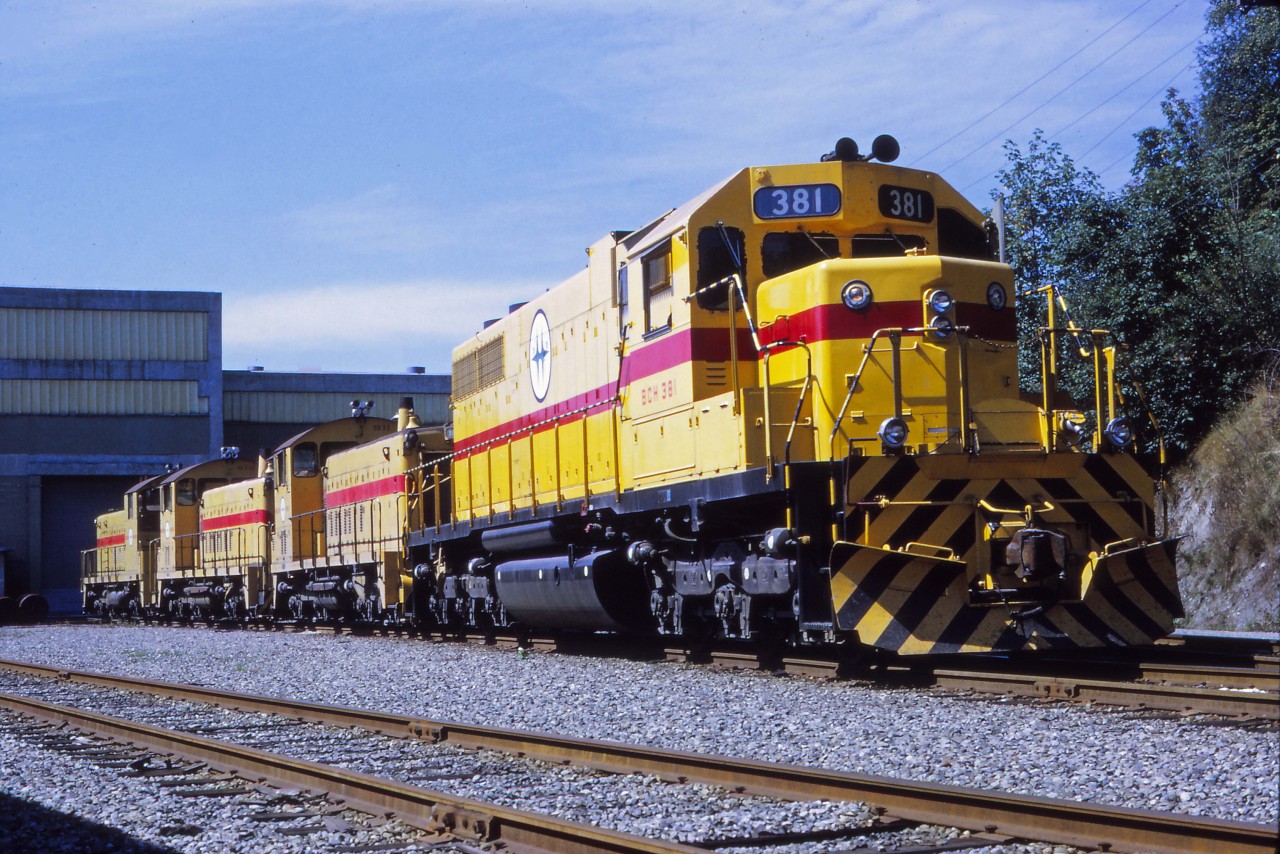 SD38AC 381 and three smaller companions rest outside BC Hydro's New Westminster shops in September 1972.