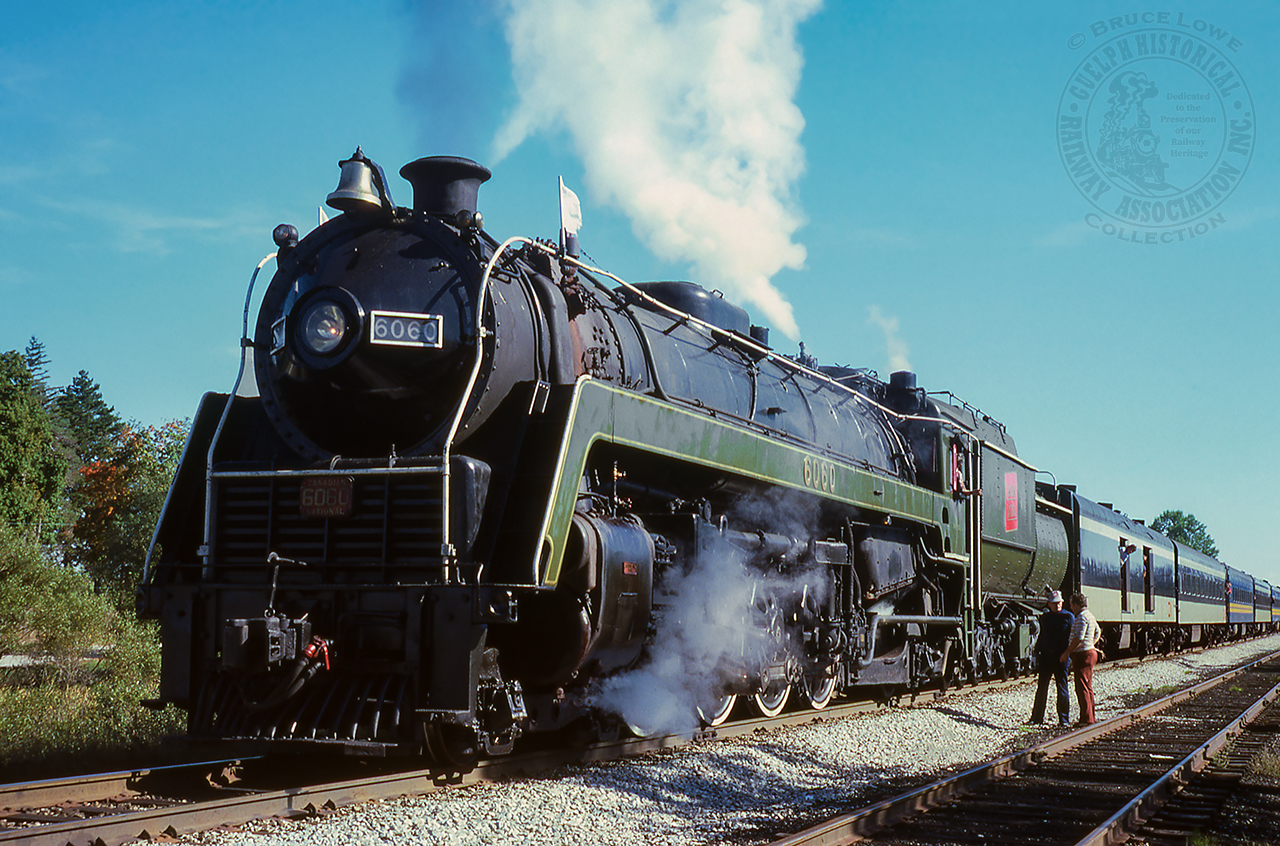 While on an excursion along the Guelph Subdivision, CNR 6060 holds the main at the west end of Mosborough, waiting on via 660 from Stratford.