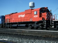 During spring 1994, CP had re-activated 33 big MLW’s from retirement, which included a mix of C-630M’s, M-630’s and M-636’s. By winter 1995, only 27 remained active, some of which had their cab windows boarded over as they were mainly trailing units only. By 1995 as the months ticked by, their numbers would shrink less and less as they were retired following major failures. Also, by spring 1995 CP had a group of rebuilt SD40-2’s delivered from Morrison–Knudsen. Plus, the railway had their first order of GE units ever, in the form of 83 new AC4400CW’s due for a late summer arrival. Additionally, the railway would go on to purchase several yellow GATX SD40-2’s that they were leasing. All these acquisitions would ultimately see all the Big M’s retired by the end of August 1995. 
<br>
Here, CP M-636 4743 is viewed at CP’s Toronto Yard in Scarborough, Ontario along with leased Conrail SD40 6340. The Conrail unit would eventually be acquired by Helm Leasing and became HLCX 6064. The big MLW was eventually retired a few months later on August 28 and was sold to the Delaware-Lackawanna Railroad in 1997.
