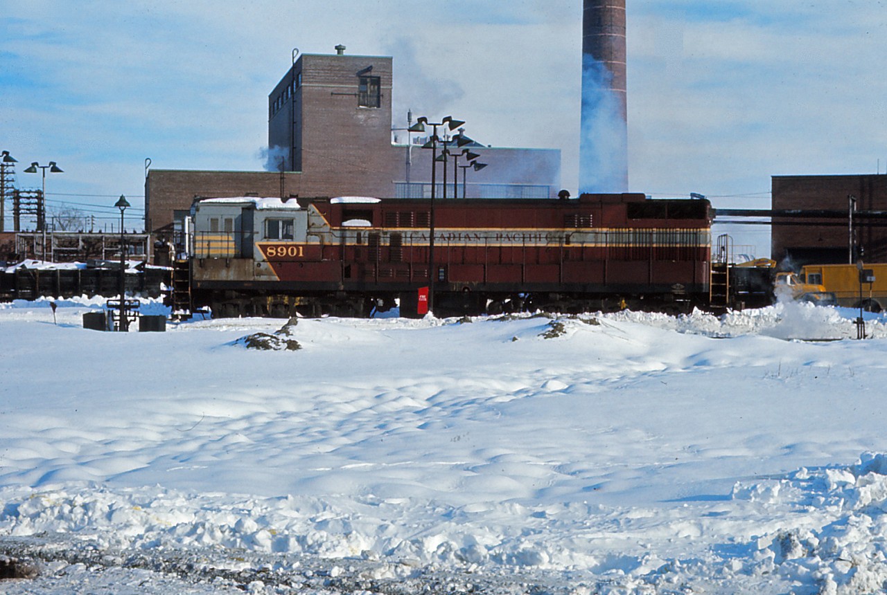 I have the impression that CP's 20 Trainmasters were the "units that never quite fit in" to CP's 1950s and 1960s roster. Built in 1956, the 8901 was originally equipped with steam generators for passenger service and ran long hood forward. By the late 1960s, it was one of several H-24-66 units demoted to yard and transfer service at locations across the system including Toronto and Montreal. Some ended their days in hump service at Alyth. I have seen several photos of the 8901 in the Montreal area in 1968, 1969 and 1970--perhaps another one of our members and comment on how long Trainmasters were in Montreal and which assignments. (I would guess transfers to Hochelaga and the Port of Montreal but that's my speculation.)