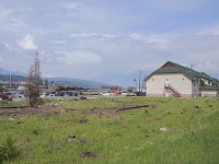<br>
The view is north - east, not much in the yard, as the CN move out of Jasper (mile 235 Edson Sub) is underway, the full move to Hinton (mile 184 Edson Sub) scheduled for autumn 2025. 
<br>
<br>
As of June, CN crew changes continue, trains stop briefly, from left, that's CN 2856 west with coal loads awaiting crewing, CN 2977 awaiting assignment, ex Citirail CN 3986 in gray. 
<br>
<br>
At right is the CN Bunkhouse / Offices, note the green trees at extreme right.
<br>
<br>
The foreground bare spots were trees that burned. Due to safety issues - given the burnt tree trunks remain standing -  forestry crews have removed the burned trunks along road and rail rights of way throughout the Park however the sides of nearby mountains are forests of standing blackened trunks.
<br>
<br>
The station is visible above / beside CN 2856. The 'good' part of Jasper is evident, to the left out of the image the west and south side of Jasper is mainly destroyed.
<br>
<br>
The green grass at Jasper, June 12, 2025 digital by S.Danko
