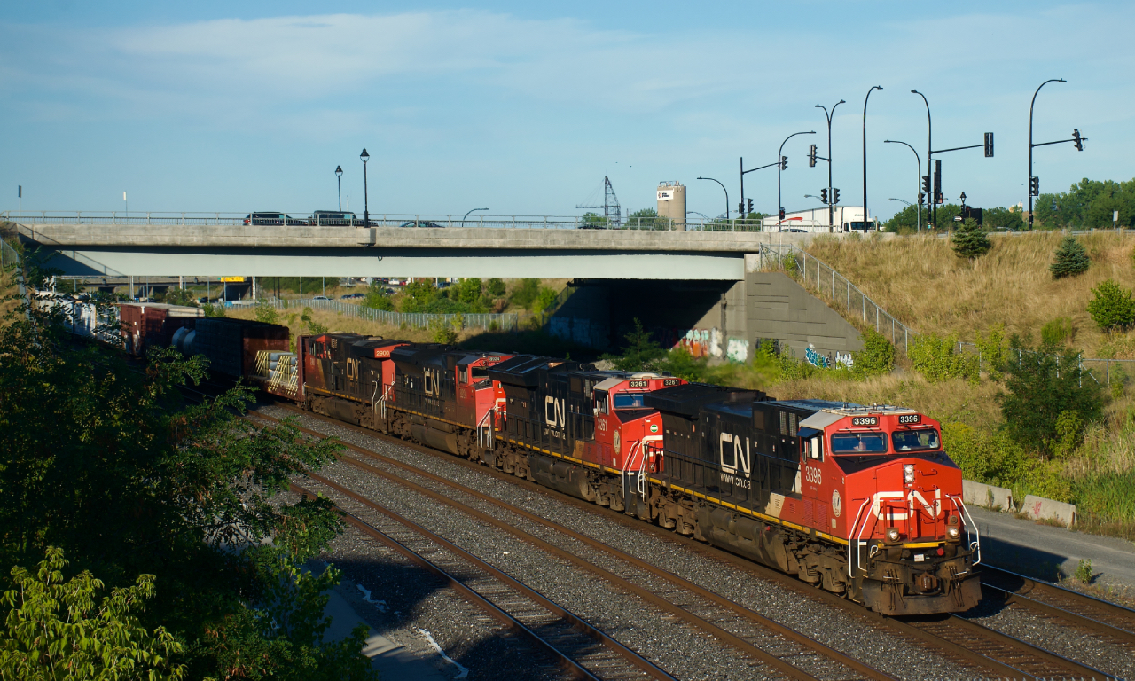 Rebuilt CN 3396 leads three more units as CN 401 heads west.