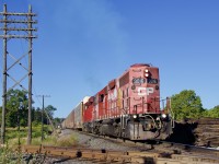 While many railfans cringe at the thought of photographing units running long hood forward, many of us look at it as a luck chance to catch something out of the ordinary. While this train often operates with three units, for whatever reason, possibly mechanical issues, former leader 4522 was isolated and left in London yard. The other two units facing west meant today’s train would have to operated eastward long hood forward. I’ve always like CP’s small fleet of GP38AC’s, the oldest GP38’s on the roster. After hearing their clearance I headed to a new spot for me. The junction with CN’s Guelph subdivision. While a bit tight the old pole line and searchlight signals helped fill out the shot. 