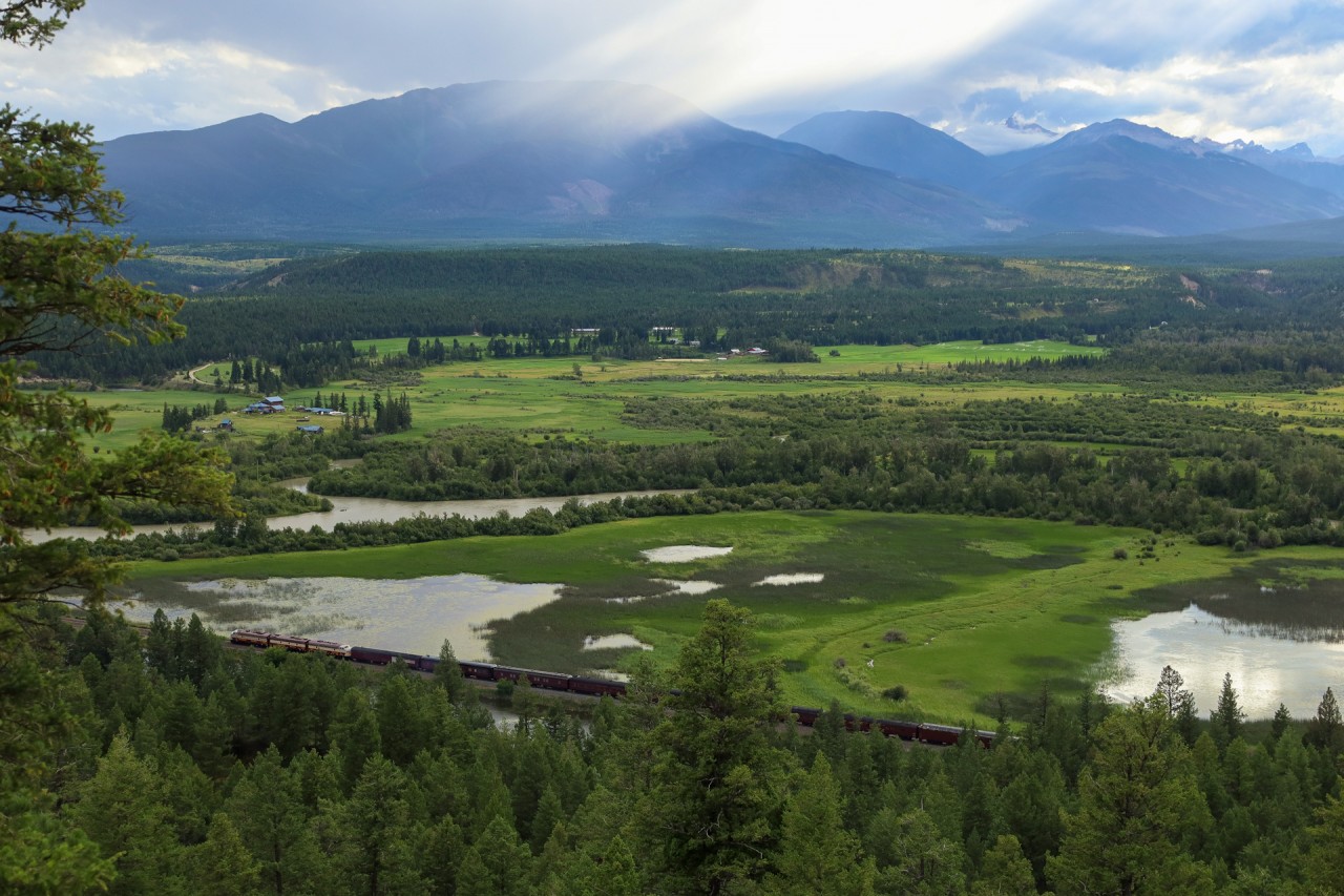 The Royal Canadian Pacific has departed Radium Hot Springs, continuing its journey along the Columbia River towards Cranbrook.