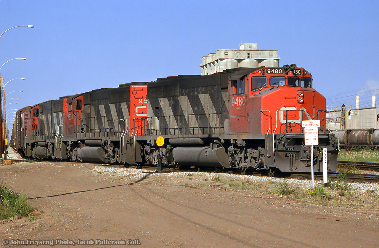 Departing the east end of CN's Bissel Yard, a set of GMD GP40-2LWs pass the large cement plant, presently owned by Heidelberg Materials.


John Freyseng Photo, Jacob Patterson Collection Slide.