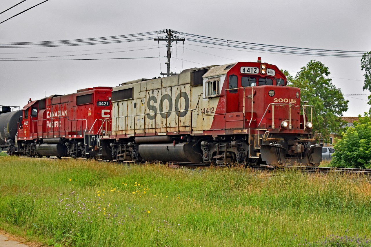 After finishing so car switching in Transcona. SOO 4412 leads the way back into the CPKC Higgins Yard.