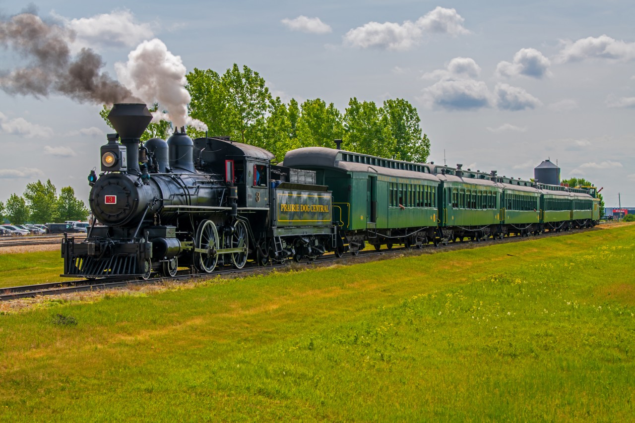 Prairie Dog Central Engine 3 leaving Inkster Junction full of passengers, on their way to Grosse Isle Manitoba.