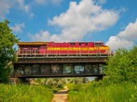 CN's Wisconsin Central heritage paint scheme rolling over a little bike path on the edge's of Winnipeg's St. Boniface and Elmwood neighborhoods. They are on their way into Symington Yard.