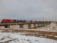 As the winter was slowly fading away in Southern Manitoba. CP 8004 leads the way into Winnipeg over a frozen floodway.