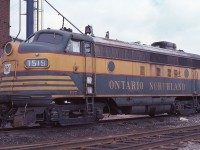 Ontario Northland FP7A 1519 looks a little different in this photo taken at the ONR shops in North Bay, Ontario on April 16, 1979. The Alco/MLW trucks are temporary and the road number has been painted out on the side of the unit. The unit is in the process of being converted and renumbered to 1984 for use on the TEE trains.