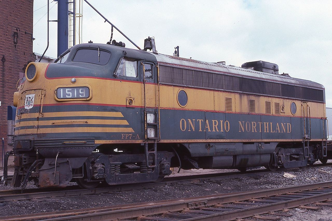 Ontario Northland FP7A 1519 looks a little different in this photo taken at the ONR shops in North Bay, Ontario on April 16, 1979.  The Alco/MLW trucks are temporary and the road number has been painted out on the side of the unit.  The unit is in the process of being converted and renumbered to 1984 for use on the TEE trains.