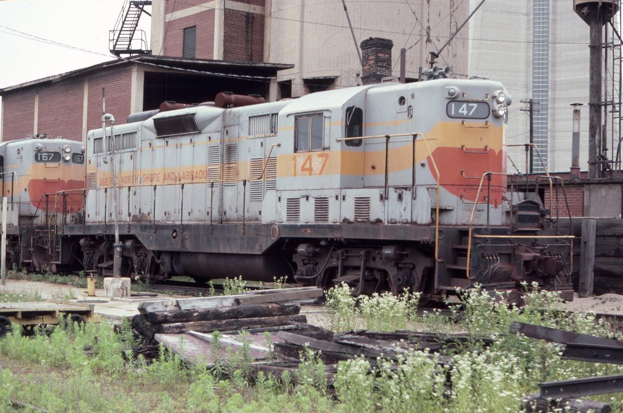 Here is a photo of QNSL GP-9 #147, one of the group of Quebec North Shore and Labrador locomotives found in downtown Toronto, near Union Station, in July of 1982. Quite a surprise indeed for the teenaged railfan from "south of the border."  I would later visit the QNSL property as a member of the railway supply community.