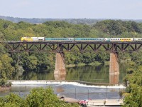 VIA 73, with an aging P42 #920 in the lead, races over the Grand River trestle in Paris, Ontario, with 6 LRC coaches. These LRC train sets are soon to become a rarity on the Dundas, with all but 82/83 being replaced by VEN sets in late September.
