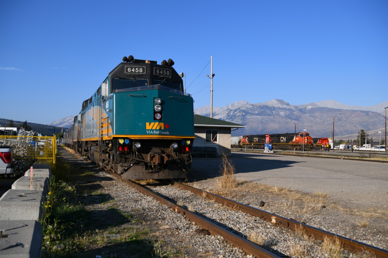 Standby power   
VIA 6458 is coupled to the consist of VIA 005 The Skeena on the shed track in Jasper yard September 16, 2025. 
This unit will be brought out and become the lead unit on tomorrows VIA 001 The Canadian when it makes its scheduled stop. 
There were a lot of switching moves to position The Skeena and this single VIA unit into the shed track on this busy afternoon in Jasper. The weather cooperated fully with my photo taking efforts during my two-day layover in town.