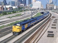 VIA 6518 is westbound in Toronto on August 7, 1988.