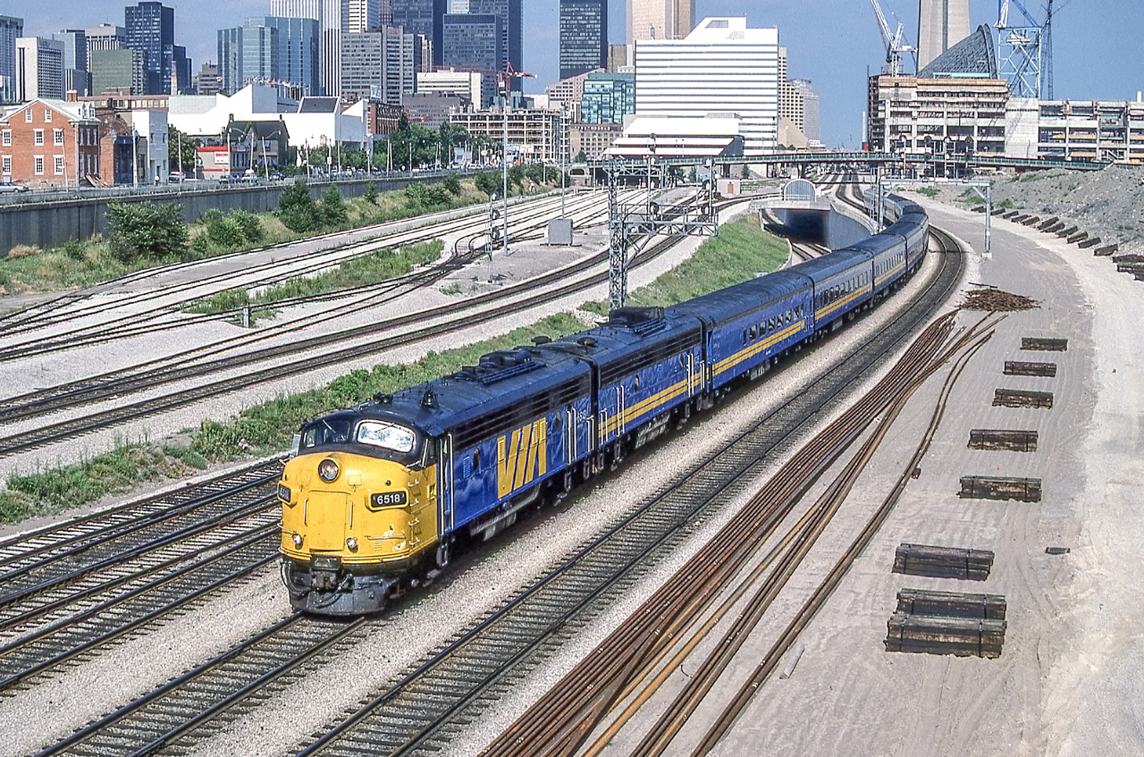 VIA 6518 is westbound in Toronto on August 7, 1988.
