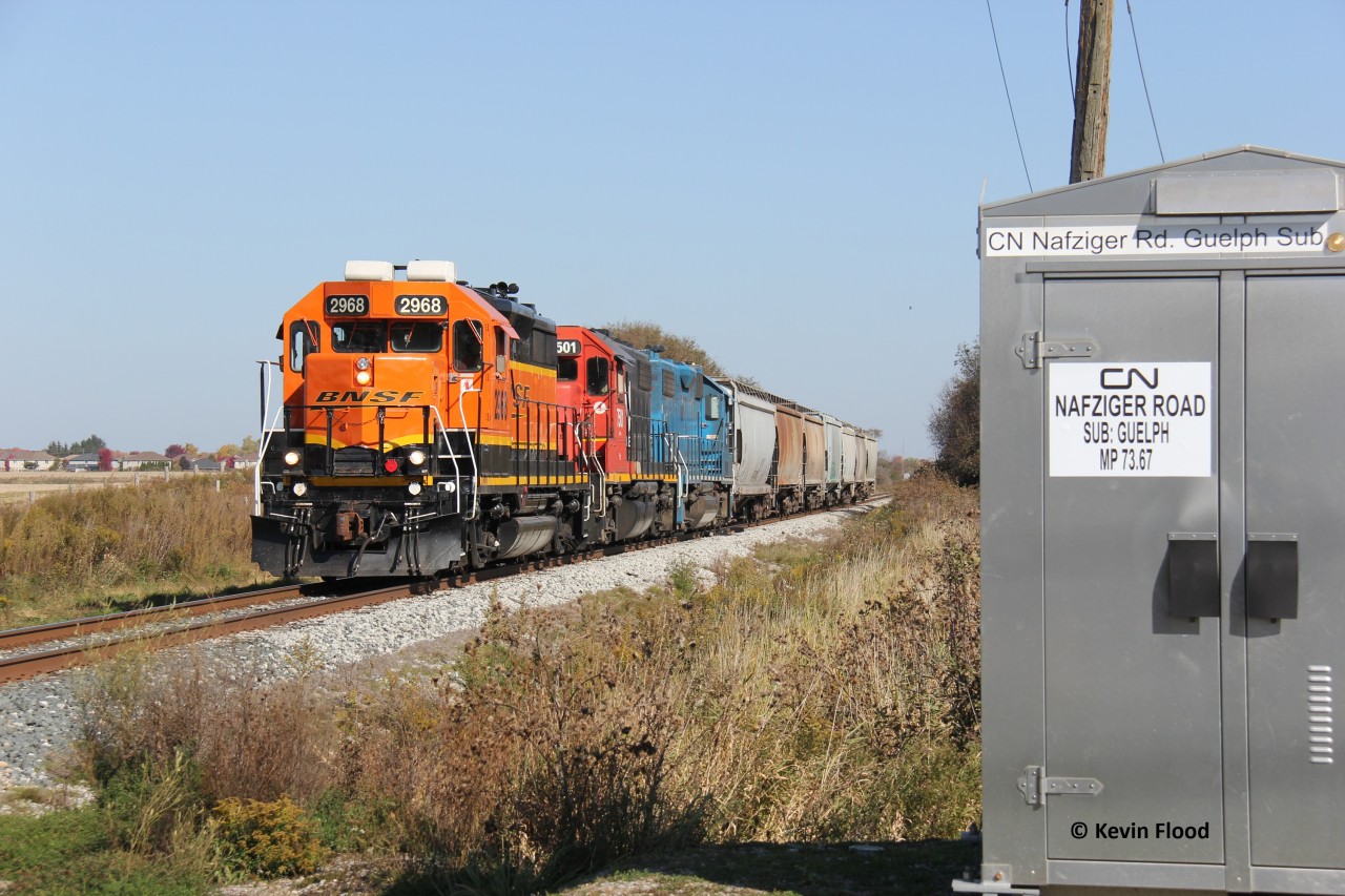 Another favourite location of mine on the Guelph Sub in Waterloo Region is the Nafziger Rd. crossing between Baden and New Hamburg. Pictured was CN 568 with BNSF 2968, CN 7501, CN 49xx. When the BNSF units were in the Kitchener pool, I tried my best to get what I could. It's already becoming a thing of the past.