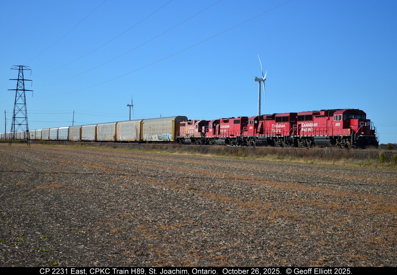 With heads up from from some of the Windsor Railfan contingent that H89 was leaving Windsor with a quartet of GP's, I decided that it would be worth heading out for a quick shot. Here GP20Eco #2231 leads sister 2264, along with CP, former D&H, GP38-2 #7307 and CP GP38AC #3016 past the empty fields east of St. Joachim, Ontario on October 26, 2025.