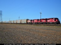 With heads up from from some of the Windsor Railfan contingent that H89 was leaving Windsor with a quartet of GP's, I decided that it would be worth heading out for a quick shot. Here GP20Eco #2231 leads sister 2264, along with CP, former D&H, GP38-2 #7307 and CP GP38AC #3016 past the empty fields east of St. Joachim, Ontario on October 26, 2025.