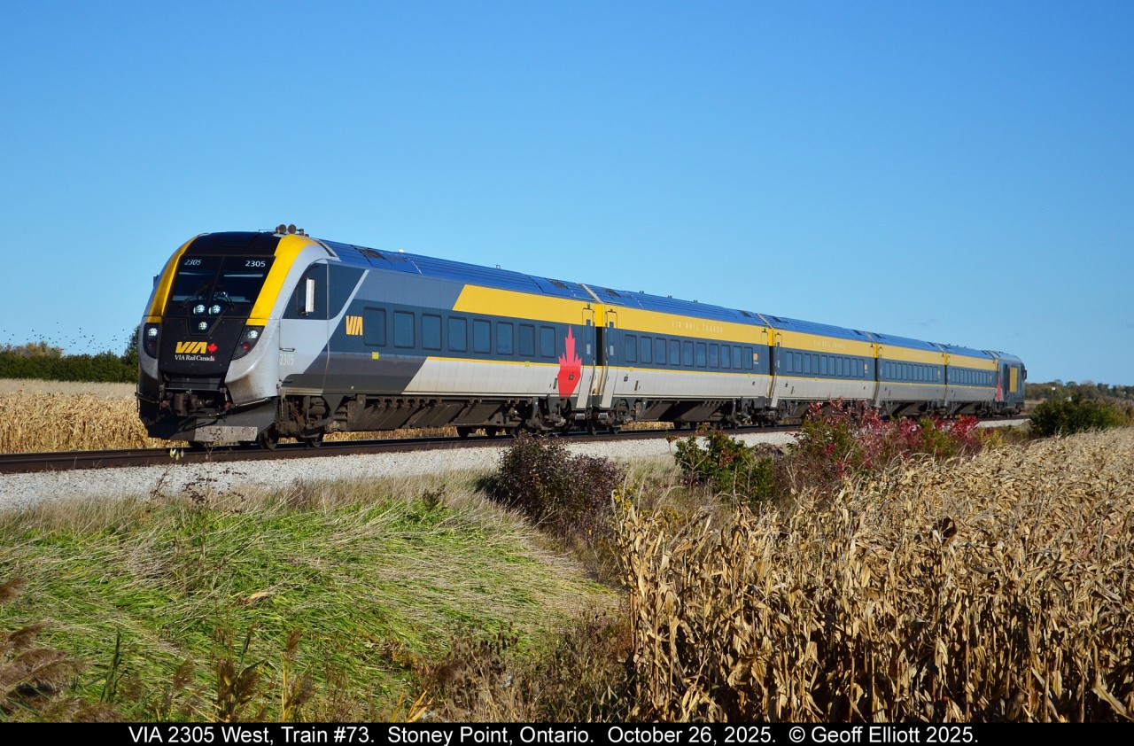 ter shooting H89 with the quartet of GP's, I realized I had enough time to still snag VIA #73 near Stoney Point.  Here cab-car 2305 leads #73 at speed as it is about to cross the Rochester Townline crossing just west of Stoney Point, Ontario on October 26, 2025.