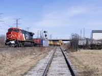 CN Q112 Weston Rd - Coasting downhill at mile 2 of the Halton Sub is the no.112 train with a freshly rebuilt C6M up front.