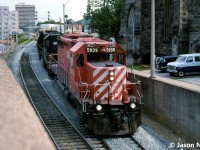 A northbound CP train with SD40-2 5939 and SD40-2 3254 are pictured about to enter the Hunter Street tunnel in downtown Hamilton, Ontario on the Hamilton Subdivision. CP 3254, is ex-NS 3254, nee-Southern Railroad 3254. It would later be renumbered to CP 5485 and was eventually sold to National Railway Equipment. 
