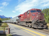 Having originated at Sapperton (New Westminster) on CN, CPKC grain empties wait in front of the Lake Louise Station restaurant for a westbound loaded grain train (301-419) on a beautiful fall day. Unfortunately, the restaurant will be closing after the Thanksgiving weekend, having been sold to Armstrong Collective (the parent company of Rocky Mountaineer).