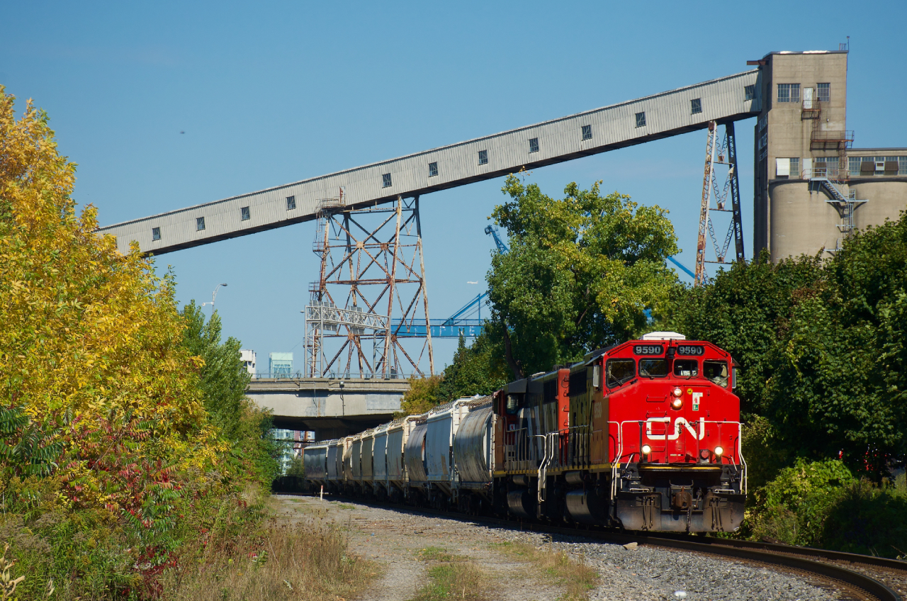 Fall colours are starting to show as CN 9590 & CN 9410 lead CN 500 through Pointe St-Charles.