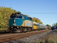 VIA 65 kicks up the leafs as it passes through Cardinal at high speed. At right is where CN interchanges with Ingredion.