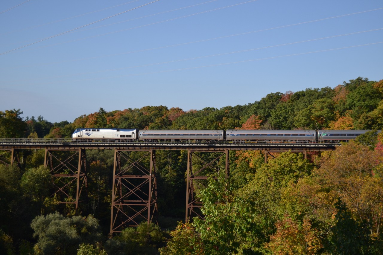 Sunday morning diversion from the Oakville sub to the Halton sub sees train 97 Toronto - New York ambling over the trestle at Bronte Creek amid emerging gall colour.