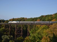 Sunday morning diversion from the Oakville sub to the Halton sub sees train 97 Toronto - New York ambling over the trestle at Bronte Creek amid emerging gall colour. 