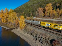 With the last of the fall colours on display, EMDX 7222 shoves G 81352 13 along the shores of Moose Lake. Having recently conquered Yellowhead Pass, this Grande Prairie to North Vancouver grain drag will soon enter the Robson Sub on the former GTP mainline. 