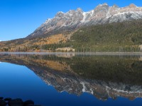 The eastbound Canadian rolls along the picturesque shore of Yellowhead Lake. 
