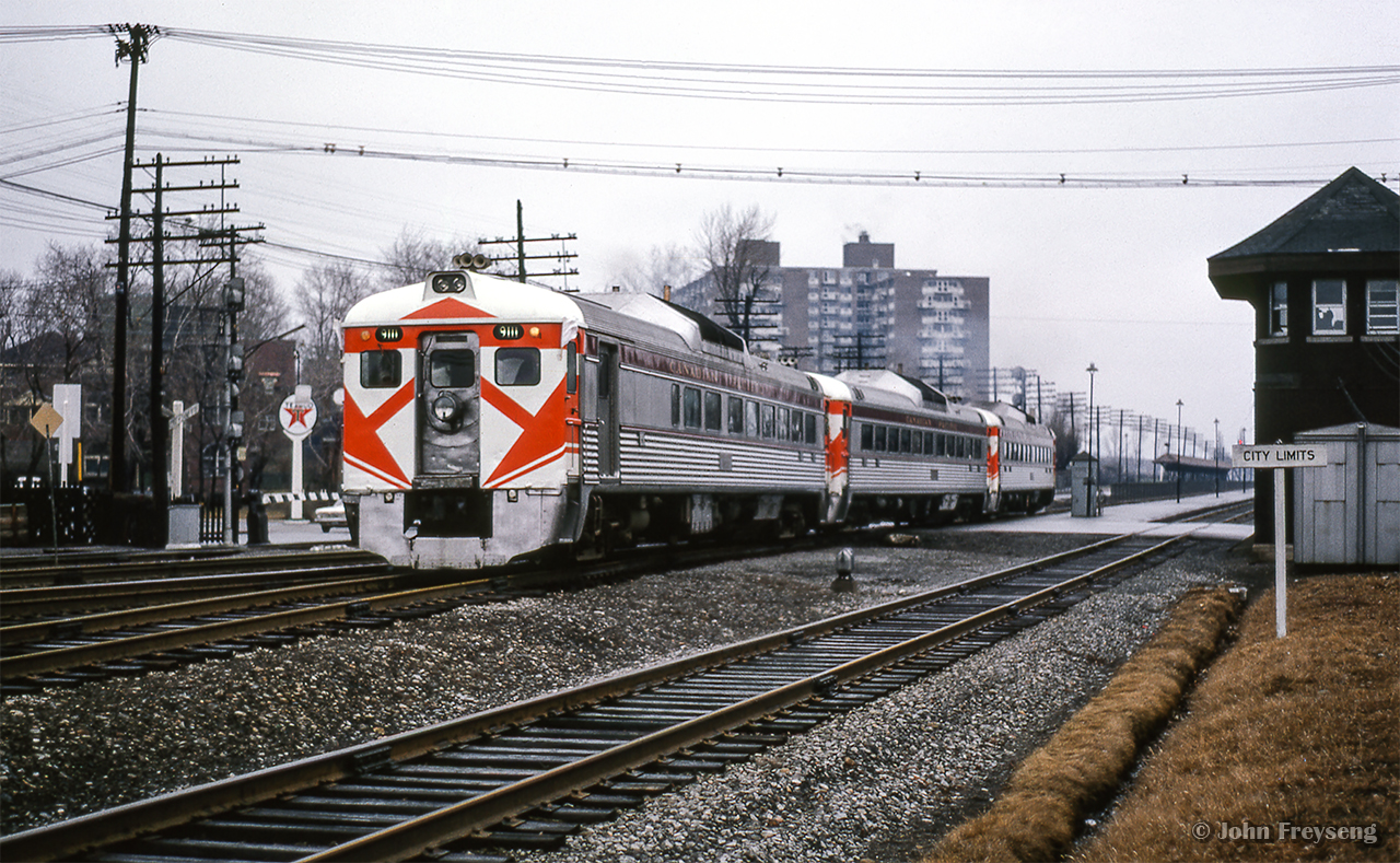 Shortly after 233's departure, a Budd-equipped passenger extra for Farnham departs Montreal West on Good Friday, 1965.

Scan and editing by Jacob Patterson.