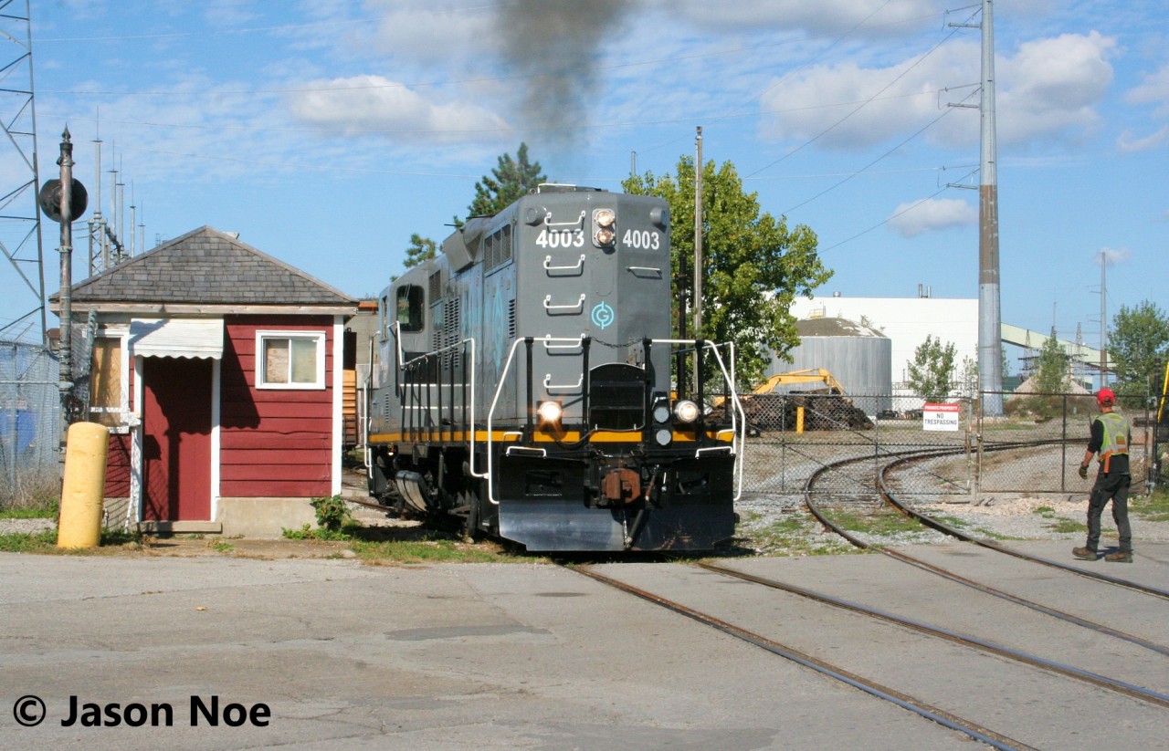 LDSX GP9 4003 is pictured switching the large HOPA Bioveld facility in Thorold, Ontario on the Conigas Spur, which is serviced by GIO Rail. October 2, 2024.