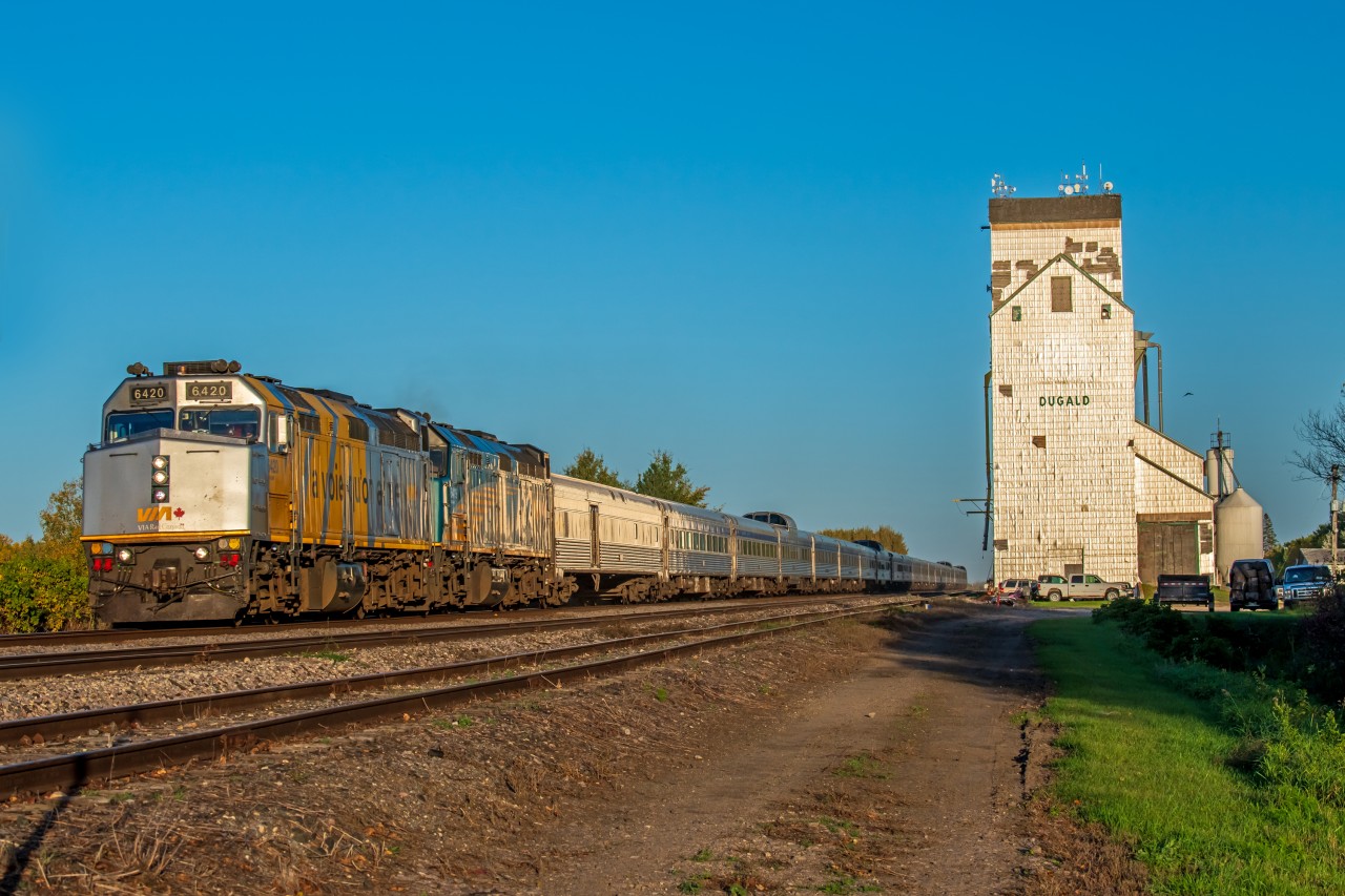 A pretty (shockingly) on time VIA 1 making their way through Dugald Manitoba right before sunset.