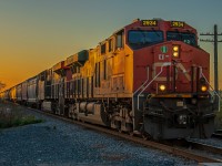 CN 2934 slowing leading their grain cars into Symington Yard as the sunsets.