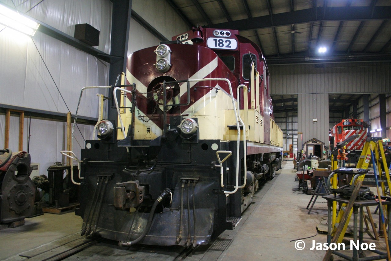 Ontario Southland Railway RS18u 182 sits inside the railway’s shop in Salford, Ontario awaiting its next assignment. 

According to recent reports, the unit is being acquired by Quebec-based Sartigan Railway and will be departing OSR property before the end of the year.