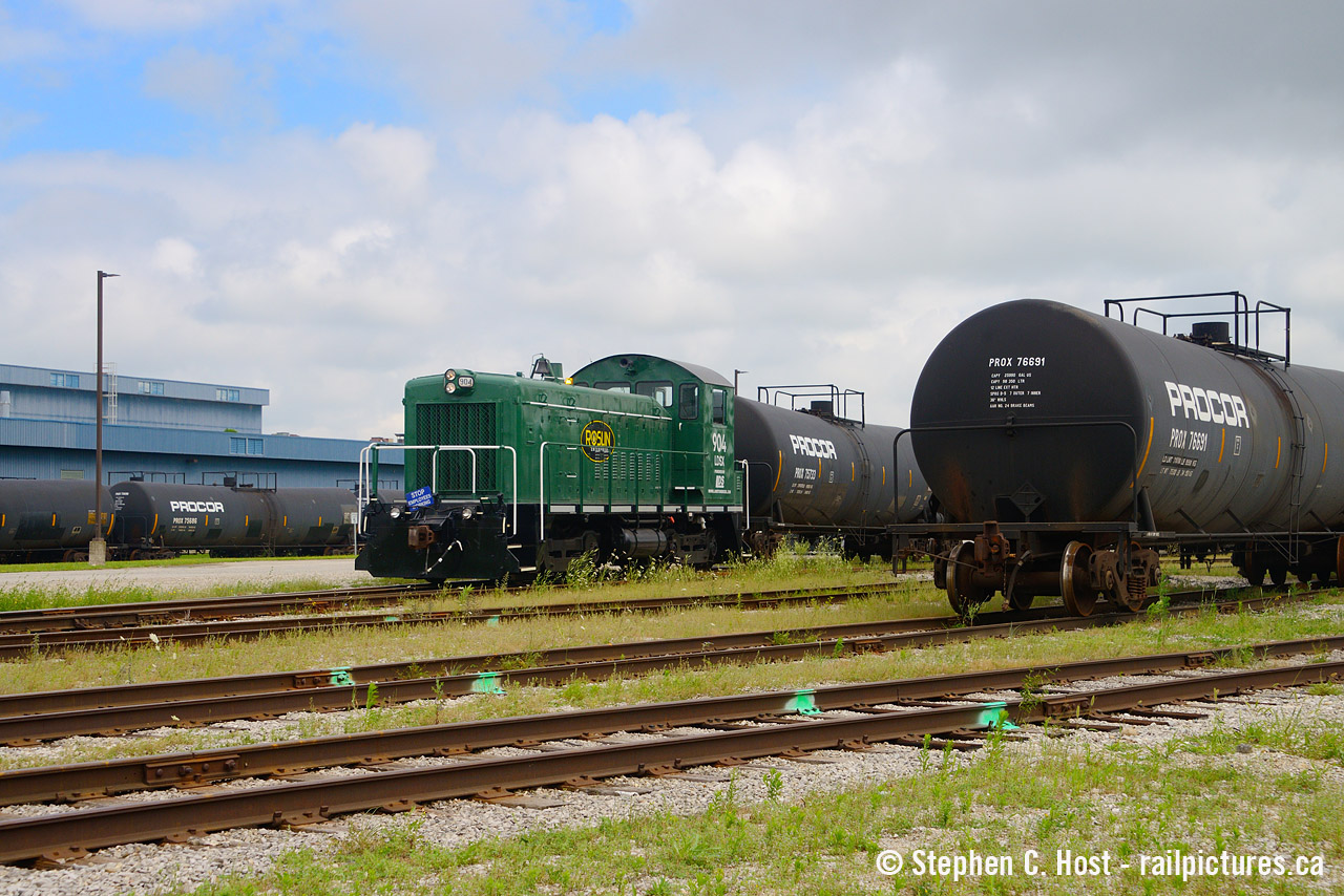 Pictured working the "Roslin Enterprises" site in St. Marys, LDSX 904 (nee MPVX nee Repulic Steel SW900) works the site shuffling tank cars of used oils that are basically shipped to Louisiana to be refined. What does Roslin take as waste? Think restaurants and fast food company waste. I worked at McDonalds as a teenager and I was one of the people who happily cleaned the grease trap. All that grease has to be recycled somewhere and tank cars of this is shipped daily to be refined into thins like biodiesel. Any biological fats and oils. 904 has been at this site a few years now and it was nice of the Lambton folks to paint it in their corporate green scheme for the customer.

For those who will get the reference, here's a Simpsons clip to emphasize how valuable restaurant grease actually is: https://www.youtube.com/watch?v=dt-o7J53o6s