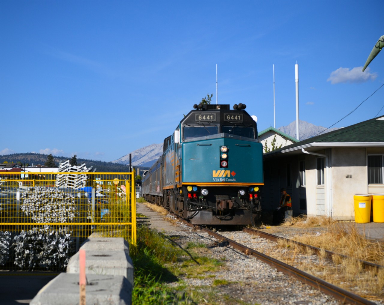 Tucked away until the next run  
VIA 6441 is on the point of VIA 006 The Skeena that I arrived in Jasper on from Prince George, BC earlier on this beautiful September 15th afternoon. 
After spending a couple of days in Jasper, I will reboard this same consist for the return trip to Prince George and ultimately Prince Rupert, BC as train VIA 005 The Skeena. 
One unit, one baggage car, one economy coach, and one Park car made for a nice size train. 
The head end crew and on-board staff on both directions of the journey were fabulous. Lots of interaction with passengers, and always willing to chat.