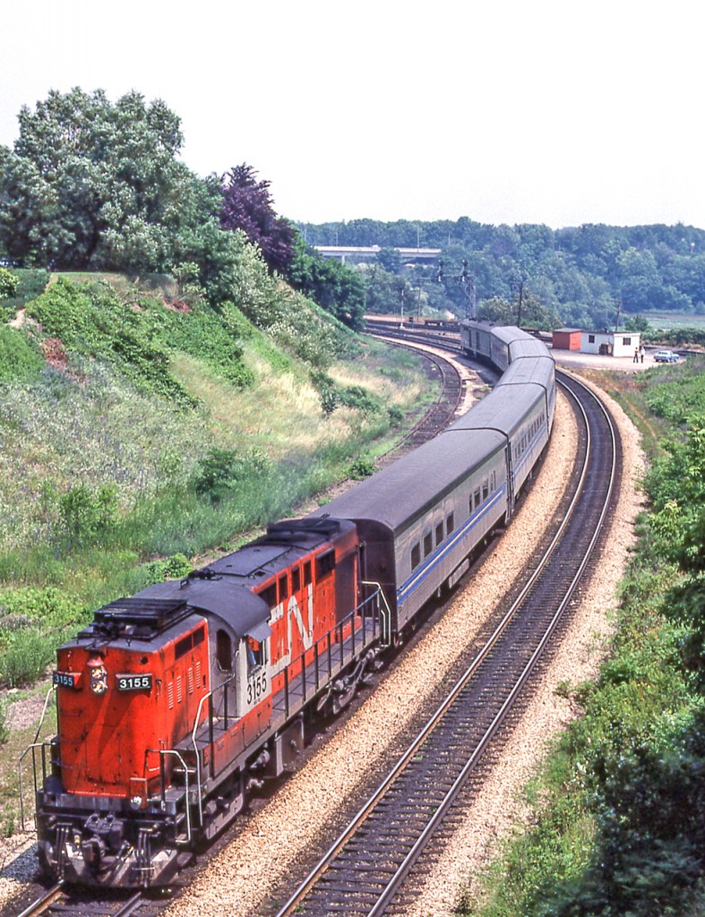 CN 3155 is westbound as it leaves Bayview Junction, Ontario in June 1981.